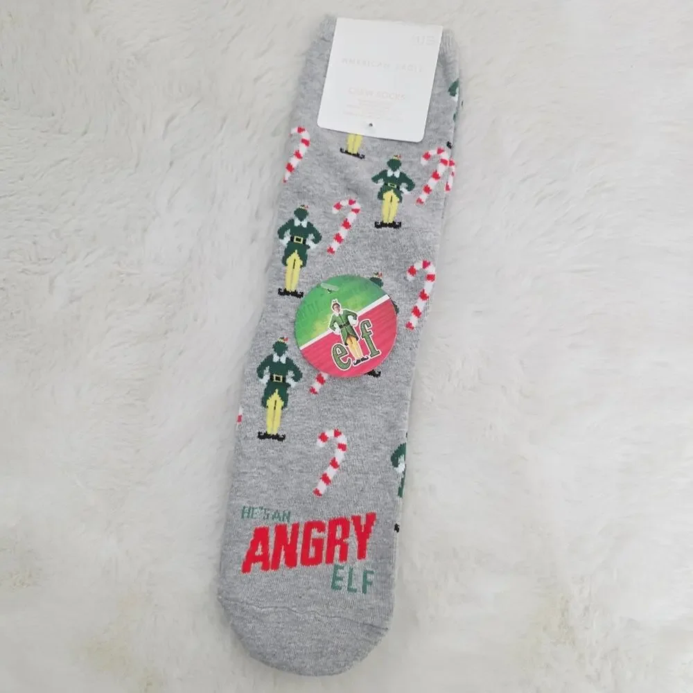 American Eagle Gray Angry Elf Holiday Crew Socks NWT One Size Unisex Christmas